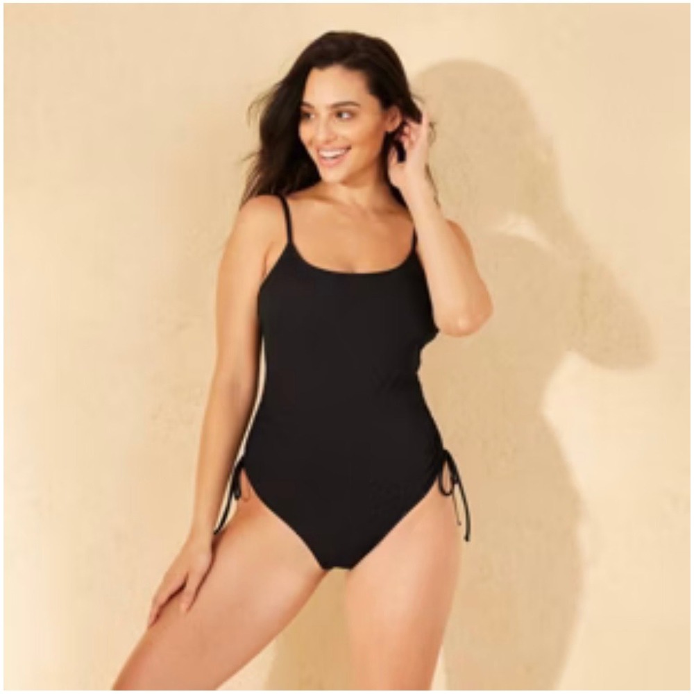 Shade & Shore Black Ribbed One Piece Swimsuit Side Cinch‎ Size 14 NWT